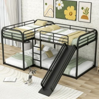 Jump Into Fun Bunk Bed for 4, L-Shaped Full and Twin Size Quad Bunk Bed with Slide, Full-Length Guardrail and Ladder for Bedroom, Metal Quad Bunk Bed for Multi-Kids, Teens, Adults, Noise Free, Black