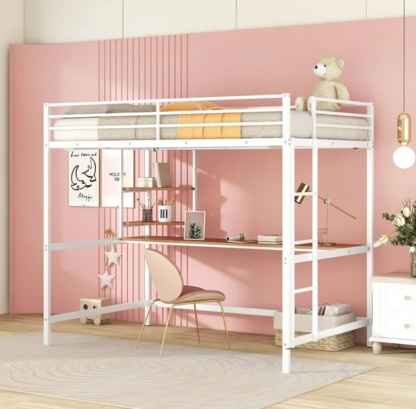 Kumix Loft Bed, Metal Full Size Loft Bed with Desk, 2 Shelves, Full Length Guardrail and Ladder, 20 Metal Slats, Loft Bed Full for Kids, Toddler, Dormitory, Bedroom, Space-Saving, White