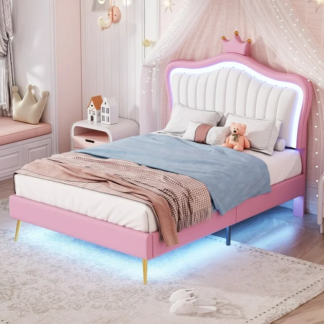 Kumix Upholstered Bed Twin Size, Princess Bed with LED Lights, Crown Headboard, Metal Rods and Legs, PU Leather Upholstered Bed for Girls, Adult Platform Bed for Bedroom, Dorm, Pink & White