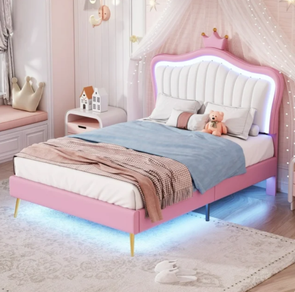 Kumix Upholstered Bed Twin Size, Princess Bed with LED Lights, Crown Headboard, Metal Rods and Legs, PU Leather Upholstered Bed for Girls, Adult Platform Bed for Bedroom, Dorm, Pink & White