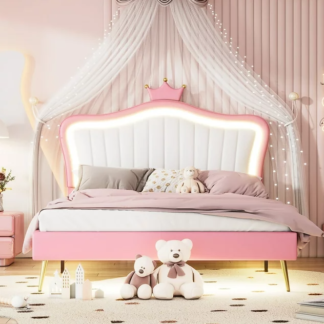 Kumix Upholstered Bed Queen Size, Princess Bed with LED Lights, Crown Headboard, Metal Rods and Legs, PU Leather Upholstered Bed for Girls, Adult Platform Bed for Bedroom, Dorm, Pink & White