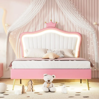 Kumix Upholstered Bed Full Size, Princess Bed with LED Lights, Crown Headboard, Metal Rods and Legs, PU Leather Upholstered Bed for Girls, Adult Platform Bed for Bedroom, Dorm, Pink & White