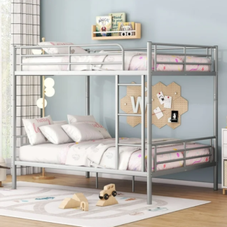 Jump Into Fun Bunk Bed Full over Full, Metal Full Bunk Beds for Kids Teens Adults Convertible into 2 Bed with Safety Guard Rail & Ladder, Hold 600lb Bunk Bed for Guest Room, Noise Free, Silver