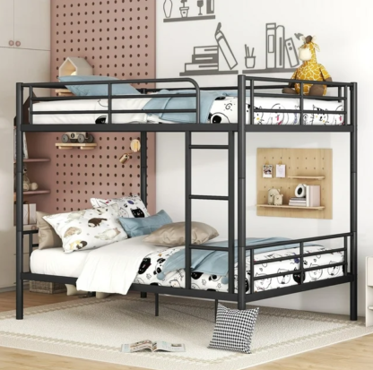 Jump Into Fun Bunk Bed Full over Full, Metal Full Bunk Beds for Kids Teens Adults Convertible into 2 Bed with Safety Guard Rail & Ladder, Hold 600lb Bunk Bed for Guest Room, Noise Free, Black