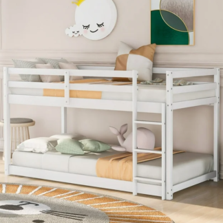 Jump Into Fun Bunk Bed Twin over Twin, Toddler Bunk Beds with Safety Guard Rails, Ladder, Wooden Heavy Duty Twin Bunk Beds for Kids, Bedroom, Low Bunk beds No Box Spring Required, Noiseless, White