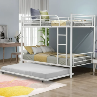Jump Into Fun Bunk Bed Twin over Twin, Metal Twin Bunk Beds for Kids Teens Adults Convertible into 2 Bed with Trundle, Guard Rail & Ladder, Hold 850lb for Guest Room, Noise Free, White
