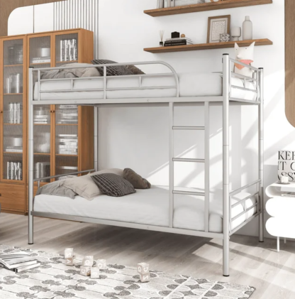 Jump Into Fun Bunk Bed Twin over Twin, Metal Twin Bunk Beds for Kids Teens Adults Convertible into 2 Bed with Safety Guard Rail & Ladder, Hold 600lb Bunk Bed for Guest Room, Noise Free, Silver