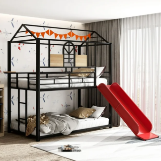 Jump Into Fun Bunk Bed with Slide, Twin over Twin Bunk Bed for Kids Adults, Metal Bunk Bed with Roof, Built-in Ladder and Safety Guardrails, Toddler Bunk Beds for Bedroom, Black&Red