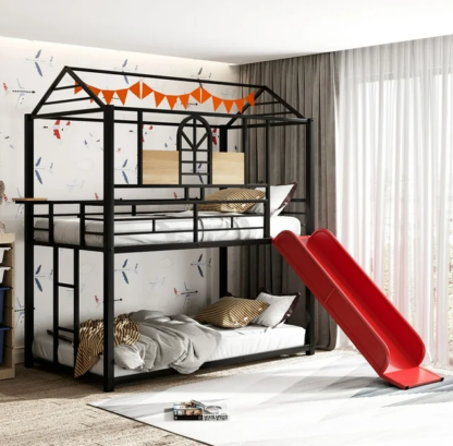 Jump Into Fun Bunk Bed with Slide, Twin over Twin Bunk Bed for Kids Adults, Metal Bunk Bed with Roof, Built-in Ladder and Safety Guardrails, Toddler Bunk Beds for Bedroom, Black&Red