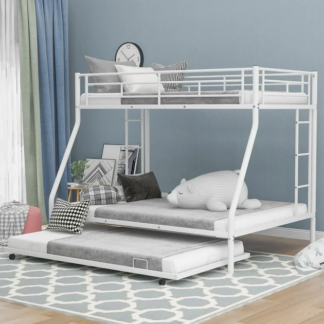 Kumix Bunk Bed, Twin over Full Bunk Bed for Kids Adults, Metal Bunk Bed with Trundle, 61 Sturdy Slats, Two-Side Ladders & Full-Length Guardrails, Toddler Bunk Beds for Dormitory Bedroom, White