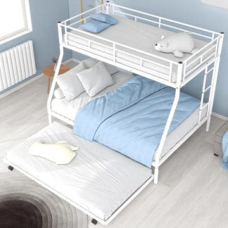 Jump Into Fun Bunk Bed Twin over Full, Metal Bunk Bed with Trundle, 3 in 1 Triple Bunk Beds, Sturdy Steel Bunk Beds Frame for 3 Kids/Teens with Two Side Ladders and Safety Guard Rail, White