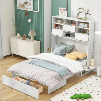 Jump Into Fun Murphy Bed Queen, Wood Murphy Bed Chest with Bookcase, Storage Drawer & Bedside Shelves, Solid Wood Cabinet Bed Queen Size for Adults, Kids, Guest Room, Home, Office, White