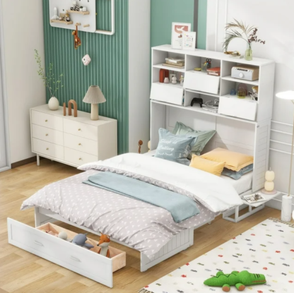 Jump Into Fun Murphy Bed Queen, Wood Murphy Bed Chest with Bookcase, Storage Drawer & Bedside Shelves, Solid Wood Cabinet Bed Queen Size for Adults, Kids, Guest Room, Home, Office, White