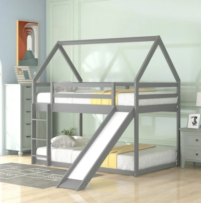 Kumix Bunk Bed Twin over Twin for Kids, Wooden Bunk Bed with Slide, Toddler Bunk Beds with Roof, Safety Guardrails and Ladder, Twin Bunk Beds for Bedroom, Dorm, Low Bunk Bed Noise Free, Gray