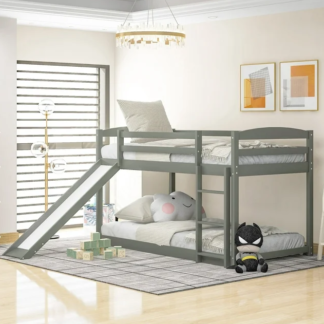 Jump Into Fun Bunk Bed Twin over Twin, Toddler Bunk Beds with Slide, Safety Guard Rails and Convertible Ladder, Wooden Twin Bunk Beds for Kids, Bedroom, Low Bunk beds, Noiseless, Gray