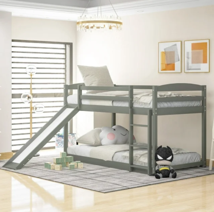Jump Into Fun Bunk Bed Twin over Twin, Toddler Bunk Beds with Slide, Safety Guard Rails and Convertible Ladder, Wooden Twin Bunk Beds for Kids, Bedroom, Low Bunk beds, Noiseless, Gray