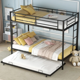 Kumix Bunk Bed Twin Over Twin, Metal Twin Bunk Bed with Trundle for 3 Kids/Teens with Two Side Ladders and Safety Guard Rail, Can Be Divided into 3 Beds, Hold 850LBS Bunk Bed Noise Free, Black