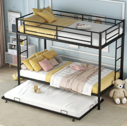 Kumix Bunk Bed Twin Over Twin, Metal Twin Bunk Bed with Trundle for 3 Kids/Teens with Two Side Ladders and Safety Guard Rail, Can Be Divided into 3 Beds, Hold 850LBS Bunk Bed Noise Free, Black
