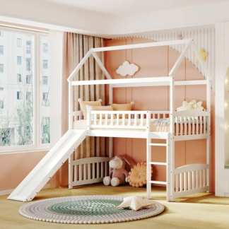 Jump Into Fun Loft Bed with Slide, Twin House Bed with Ladder and Full Safety Guardrails, Loft Bed with Roof for Kids Toddlers, Solid Wood Loft Bed for Bedroom, No Box Spring Needed - White