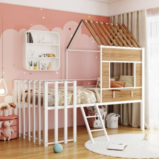 Jump Into Fun Metal Twin Bed, Loft Bed Frame with Storage Shelf, Guardrail, Ladder, Roof and Window, House Bed for Kids Toddlers Girls/Boys, Space-Saving, Metal Bed No Noise, (White)