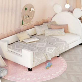 Jump Into Fun Twin Daybed, Platform Bed for Kids with Cartoon Ears Shaped Headboard, Twin Bed Frame with Wood Slats Support for Girls Boys for Bedrooms, No Box Spring Needed, White