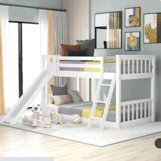 Jump Into Fun Bunk Bed Twin over Twin, Solid Wood Low Bunk Beds with Convertible Slide and Ladder, 11.6" Safety Guardrail and Anti-Slip Steps, Noise Free Floor Bunk Beds for Kids, Girls, Boys, White