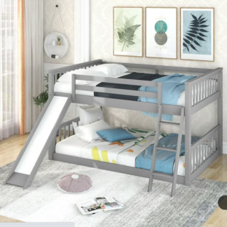 Jump Into Fun Bunk Bed Full over Full, Solid Wood Low Bunk Beds with Convertible Slide and Ladder, 11.6" Safety Guardrail and Anti-Slip Steps, Noise Free Floor Bunk Beds for Kids, Girls, Boys, Gray