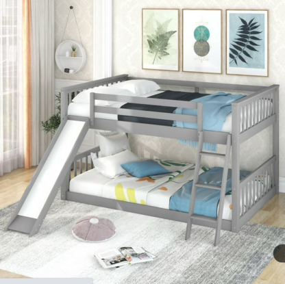 Jump Into Fun Bunk Bed Full over Full, Solid Wood Low Bunk Beds with Convertible Slide and Ladder, 11.6" Safety Guardrail and Anti-Slip Steps, Noise Free Floor Bunk Beds for Kids, Girls, Boys, Gray