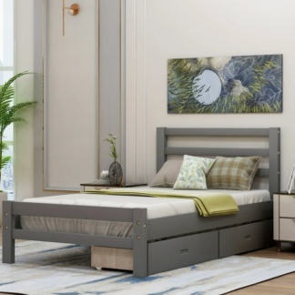 Jump Into Fun Platform Bed, Twin Platform Bed with Two Drawers, Slat Support, Headboard and Footboard, Wood Twin-size Bed for Kids Adults, No Box Spring Needed, Gray