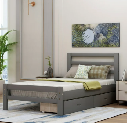 Jump Into Fun Platform Bed, Twin Platform Bed with Two Drawers, Slat Support, Headboard and Footboard, Wood Twin-size Bed for Kids Adults, No Box Spring Needed, Gray