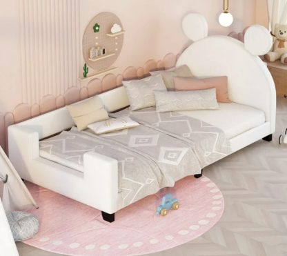 Jump Into Fun Twin Daybed, Platform Bed for Kids with Cartoon Ears Shaped Headboard, Twin Bed Frame with Wood Slats Support for Girls Boys for Bedrooms, No Box Spring Needed, White