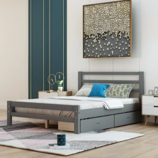 Jump Into Fun Wood Full Bed Frame, Platform Bed Frame with Two Drawers, Slat Support, Headboard and Footboard, Full-size Bed Frame for Adults Kids Grils Boys, Space-saving, No Box Spring Needed, Gray