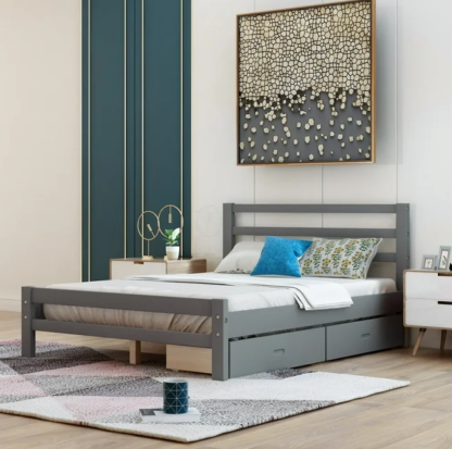 Jump Into Fun Wood Full Bed Frame, Platform Bed Frame with Two Drawers, Slat Support, Headboard and Footboard, Full-size Bed Frame for Adults Kids Grils Boys, Space-saving, No Box Spring Needed, Gray