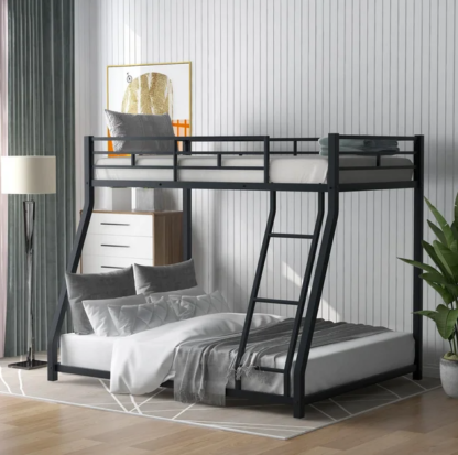 Kumix Bunk Bed Twin over Full, Metal Bunk Bed with Sturdy Guard Rail and Ladder, Floor Bunk Bed Space-Saving Design, Toddler Bunk Beds for Kids, Teens, Adults, No Box Spring Needed, Black