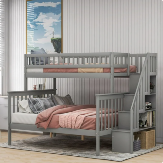 Jump Into Fun Bunk Bed Twin over Full, Solid Wood Bunk Bed with Storage, Stairs and Safety Guardrail, Bunk Bed for Kids, Twin over Full Bunk Bed for Bedroom, Kids'room, Dormitory, Gray