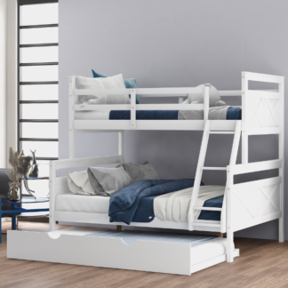 Jump Into Fun Bunk Bed Twin over Full, Solide Wood Bunk Bed with Trundle, Headboard, Ladder, Safety Guardrail, Convertible to 2 Beds, Bunk Bed for Kids, Twin over Full Bunk Bed for Bedroom, White