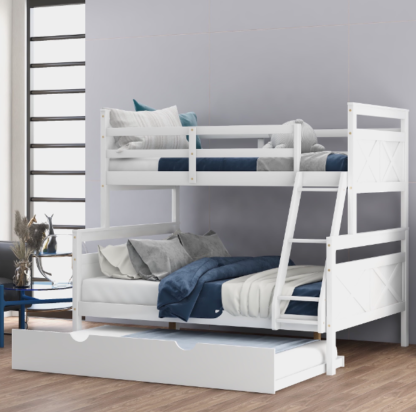 Jump Into Fun Bunk Bed Twin over Full, Solide Wood Bunk Bed with Trundle, Headboard, Ladder, Safety Guardrail, Convertible to 2 Beds, Bunk Bed for Kids, Twin over Full Bunk Bed for Bedroom, White