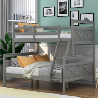 Jump Into Fun Bunk Bed, Twin over Full Bunk Bed Convertible to 2 Beds, Solide Wood Bunk Bed with Headboard, Ladder, Safety Guardrail for Kids, Bunk Bed for Bedroom, Gray