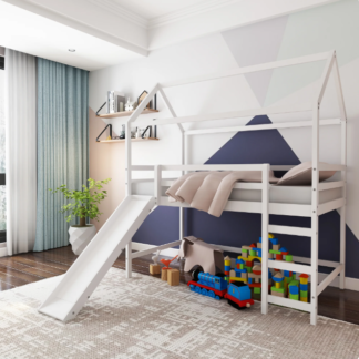 Kumix Twin Size Loft Bed with Slide, House Shaped Solid Wood Loft Bed with Safety Guardrail, Ladder and Roof, No Box Spring Needed, Save Space Design for Kids, Teens, Girls, Boys, White
