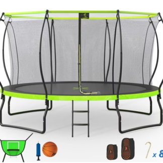 Kumix Trampoline 14FT, 1500LBS Trampoline for 6-7 Kids/2-3 Adults, Outdoor Trampoline with Enclosure, Basketball Hoop, Fiberglass Curved Poles and 8 Wind Stakes, Windproof Recreational Trampoline
