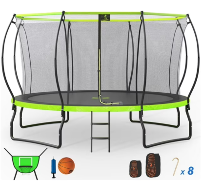 Kumix Trampoline 14FT, 1500LBS Trampoline for 6-7 Kids/2-3 Adults, Outdoor Trampoline with Enclosure, Basketball Hoop, Fiberglass Curved Poles and 8 Wind Stakes, Windproof Recreational Trampoline