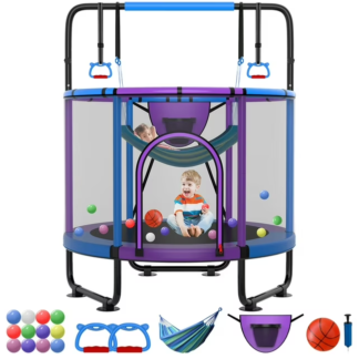 Kumix 66'' Trampoline for Kids, 500LBS Indoor/Outdoor Trampoline with Enclosure, Basketball Hoop, Mini Toddler Trampoline with Swings, Adjustable Bars and Rings, Gifts for Kids, Toddler, Boys & Girls