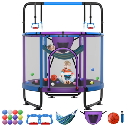Kumix 66'' Trampoline for Kids, 500LBS Indoor/Outdoor Trampoline with Enclosure, Basketball Hoop, Mini Toddler Trampoline with Swings, Adjustable Bars and Rings, Gifts for Kids, Toddler, Boys & Girls