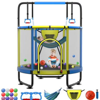 Kumix 66'' Trampoline for Kids, 500LBS Indoor/Outdoor Trampoline with Enclosure, Basketball Hoop, Mini Toddler Trampoline with Swings, Adjustable Bars and Rings, Gifts for Kids, Toddler, Boys & Girls