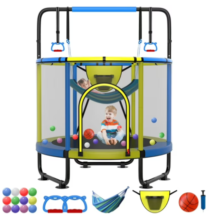 Kumix 66'' Trampoline for Kids, 500LBS Indoor/Outdoor Trampoline with Enclosure, Basketball Hoop, Mini Toddler Trampoline with Swings, Adjustable Bars and Rings, Gifts for Kids, Toddler, Boys & Girls