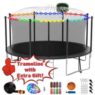 Kumix Trampoline 12FT 1200LBS for Adults and 5-6 Kids, Outdoor Trampoline with Enclosure, Basketball Hoop, Light, Sprinkler, Socks, Heavy Duty Galvanized Full Spray Trampoline for Family, Black