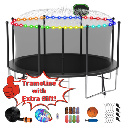 Kumix Trampoline 12FT 1200LBS for Adults and 5-6 Kids, Outdoor Trampoline with Enclosure, Basketball Hoop, Light, Sprinkler, Socks, Heavy Duty Galvanized Full Spray Trampoline for Family, Black