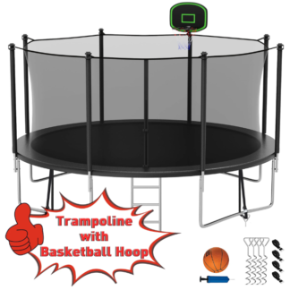 Kumix Trampoline 12FT 1200LBS for Adults and 5-6 Kids, Outdoor Trampoline with Enclosure, Basketball Hoop, Ladder, Wind Stake, Heavy Duty Galvanized Full Spray Trampoline for Family, Black