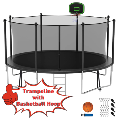 Kumix Trampoline 12FT 1200LBS for Adults and 5-6 Kids, Outdoor Trampoline with Enclosure, Basketball Hoop, Ladder, Wind Stake, Heavy Duty Galvanized Full Spray Trampoline for Family, Black