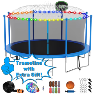 Kumix Trampoline 12FT 1200LBS for Adults and 5-6 Kids, Outdoor Trampoline with Enclosure, Basketball Hoop, Light, Sprinkler, Socks, Heavy Duty Galvanized Full Spray Trampoline for Family, Blue